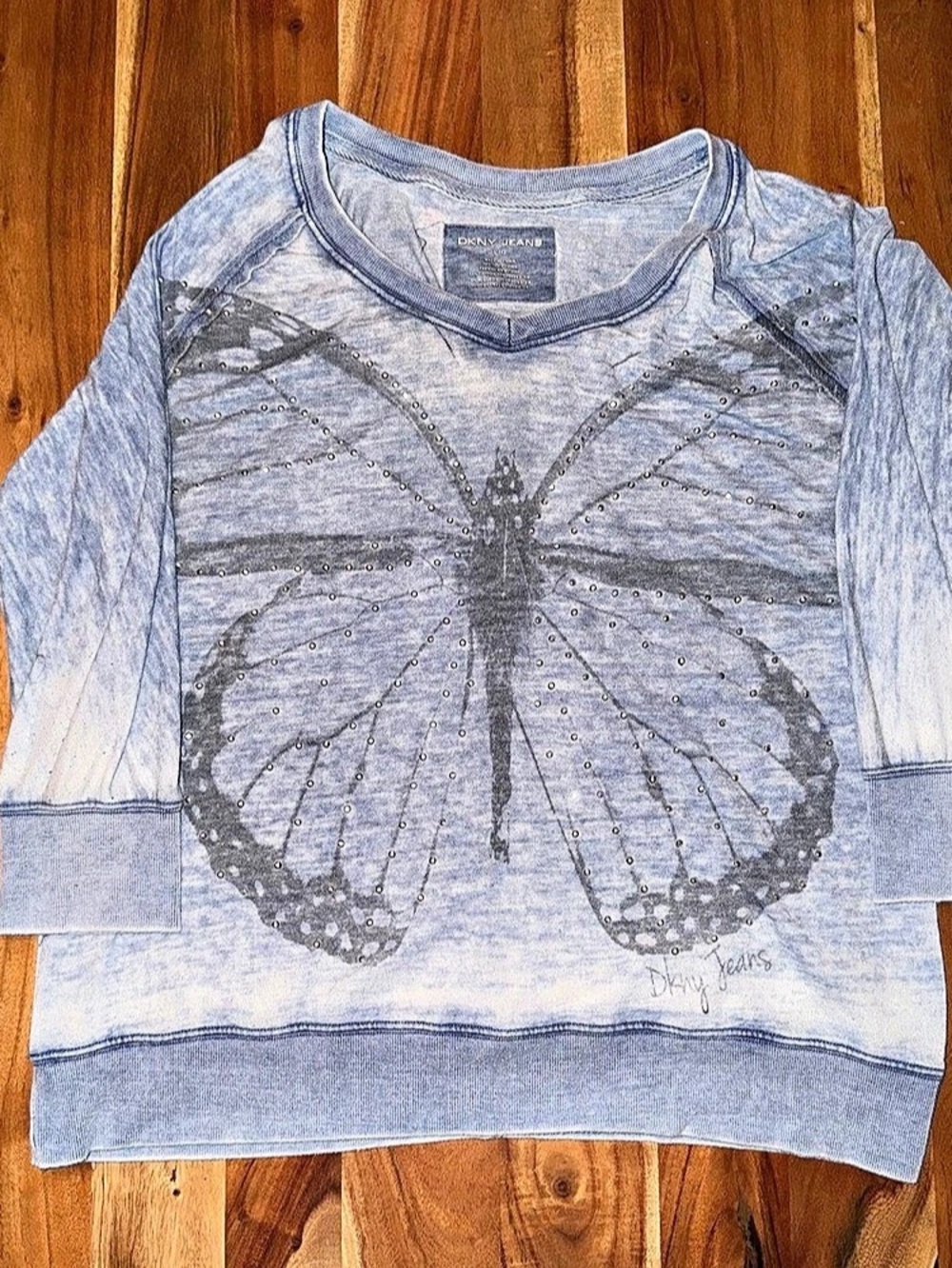 DKNY Jeans Butterfly Graphic Long Sleeve Top Blue Size Large. #029